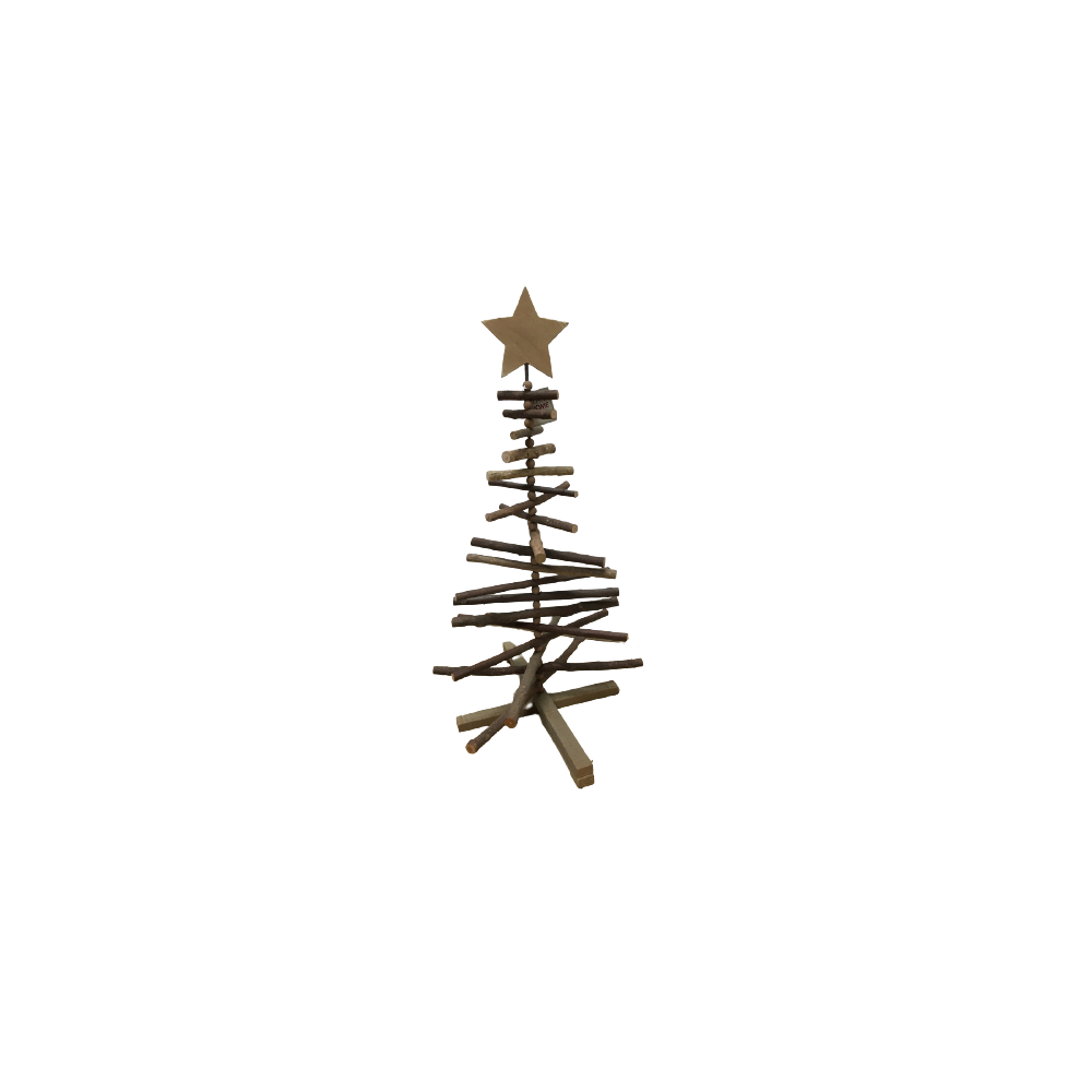 Een eenvoudige, houten kerstboom met een ster bovenop en takken in verschillende lengtes.