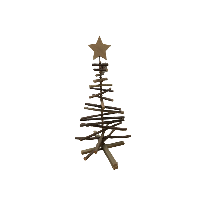 Een eenvoudige, houten kerstboom met een ster bovenop en takken in verschillende lengtes.