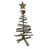 A rustic wooden Christmas tree with a star on top, made from layered sticks.