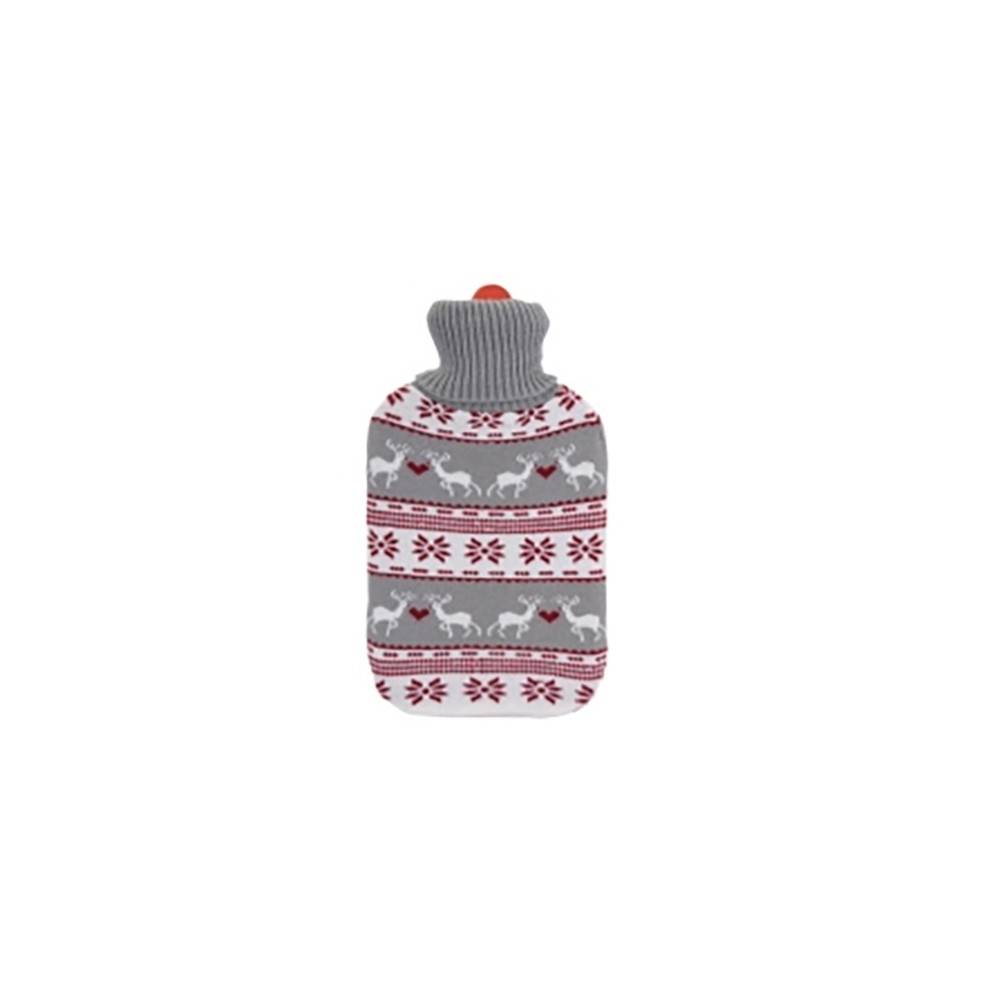 A cozy gray hot water bottle with festive reindeer and snowflake patterns in red and white.