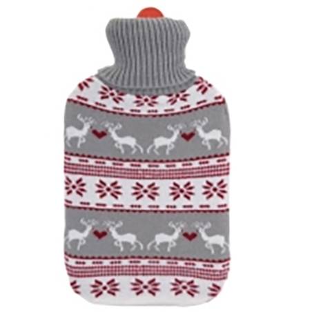 A cozy gray hot water bottle with festive reindeer and snowflake patterns in red and white.