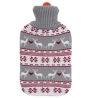 A cozy gray hot water bottle with festive reindeer and snowflake patterns in red and white.
