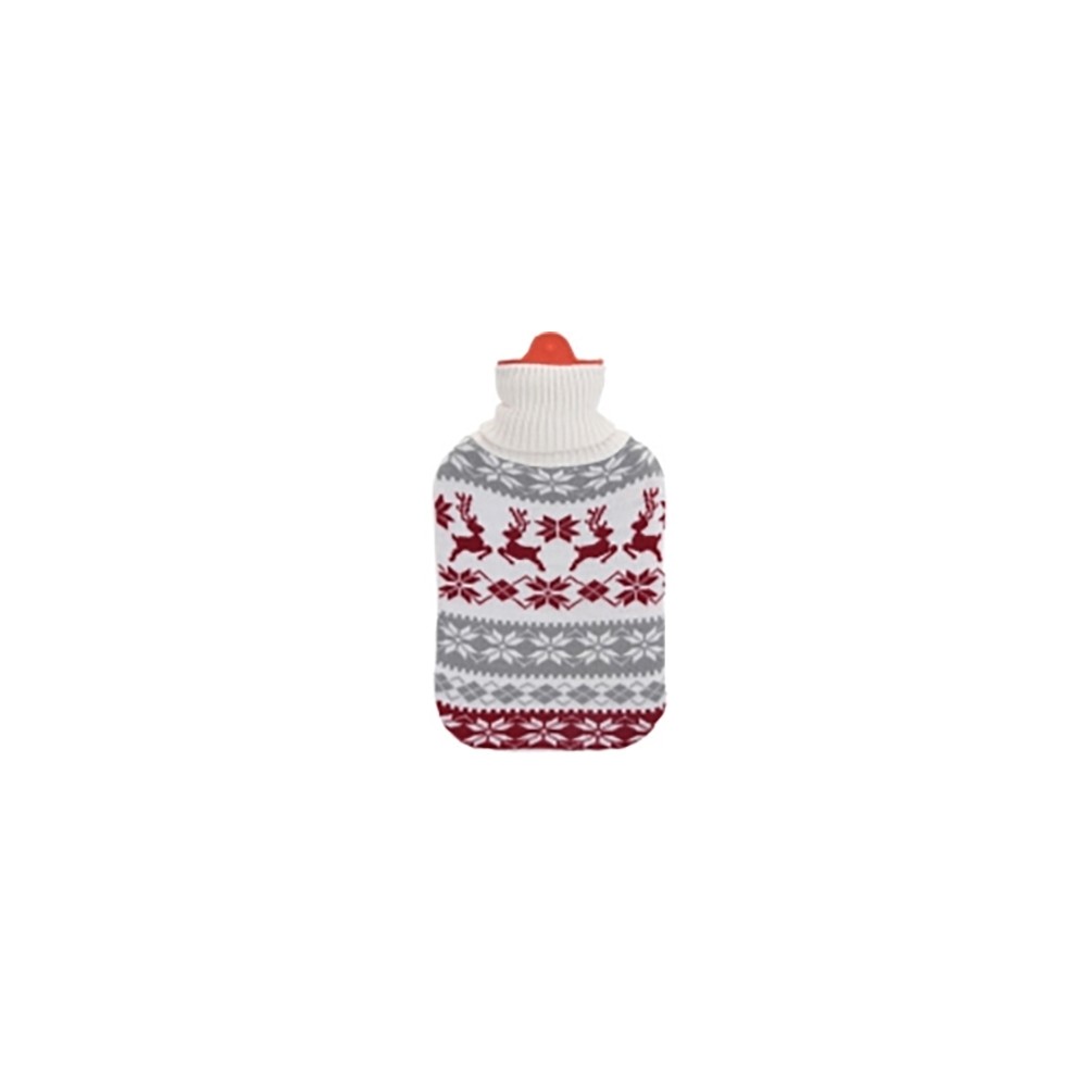 A cozy hot water bottle with a festive knit cover featuring red reindeer and snowflakes.