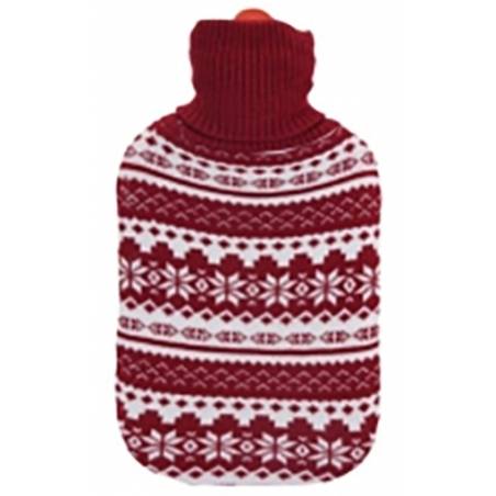 A cozy red hot water bottle cover with a white snowflake pattern and a turtleneck design.