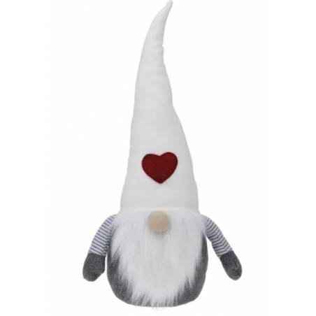 A whimsical gnome plush with a tall white hat, heart detail, and gray beard.