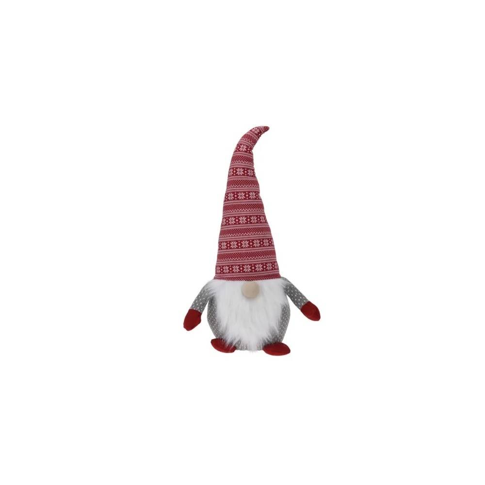 A whimsical gnome with a tall, patterned red hat, gray body, and fluffy white beard.