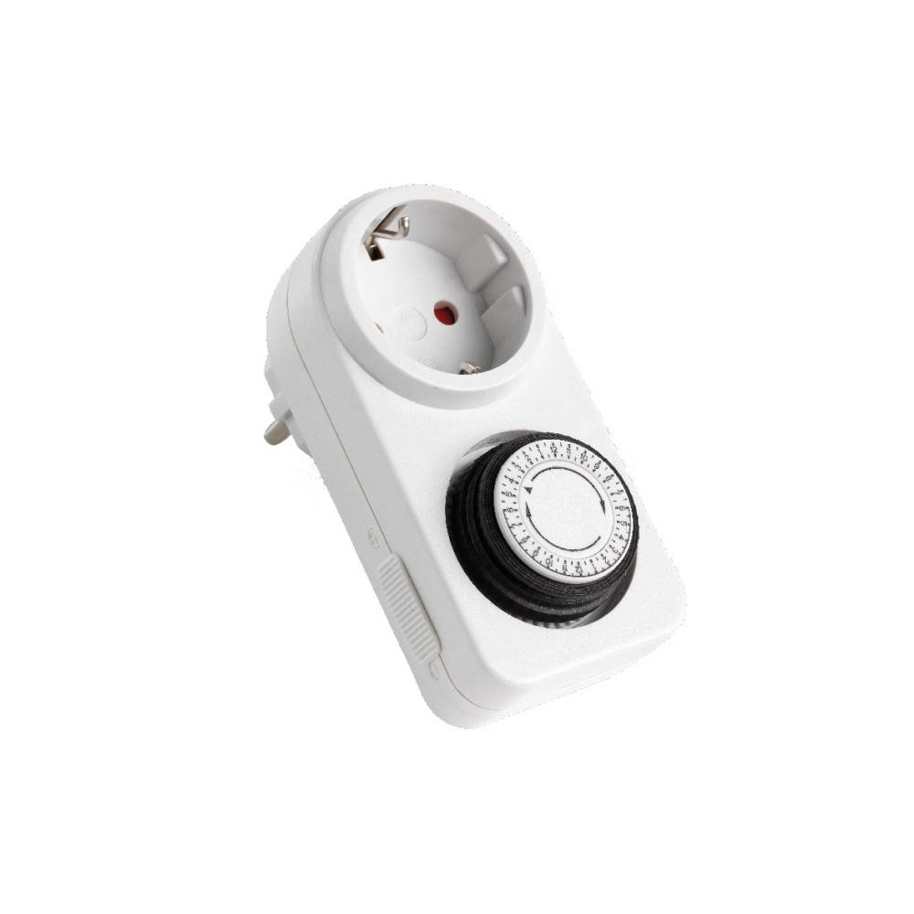 A white electrical timer socket with a round dial for setting time intervals.
