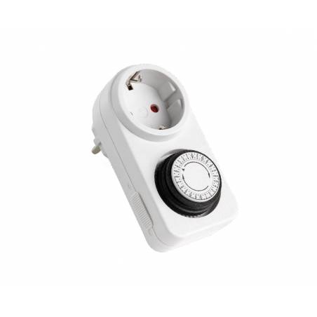 A white electrical timer socket with a round dial for setting time intervals.