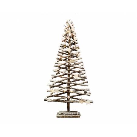 A rustic wooden Christmas tree with a snowy finish, standing on a sturdy base.