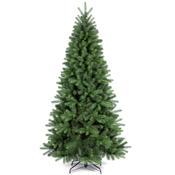 Een volle, kunstmatige groene kerstboom met een zwarte standaard.