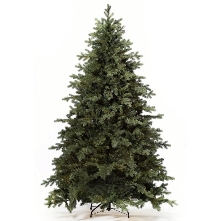 Groene kunstkerstboom met volle takken, geplaatst op een metalen standaard.