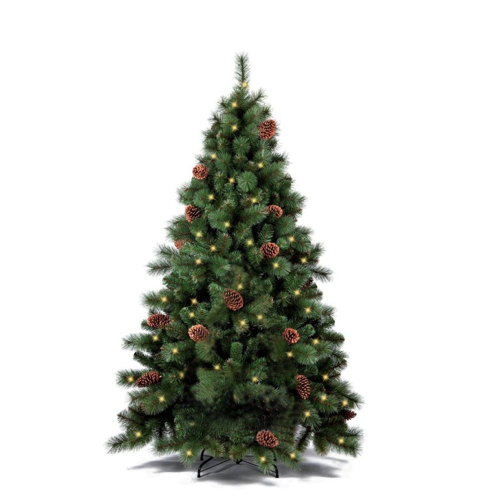 Groene kunstkerstboom met dennenappels en warme lichtjes, staand op een zwart metalen standaard.