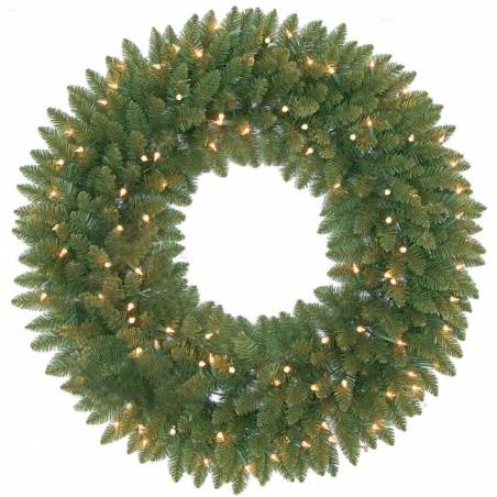 A lush green wreath adorned with twinkling white lights, creating a festive ambiance.