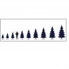 A scale comparison of various evergreen trees next to a person in silhouette.
