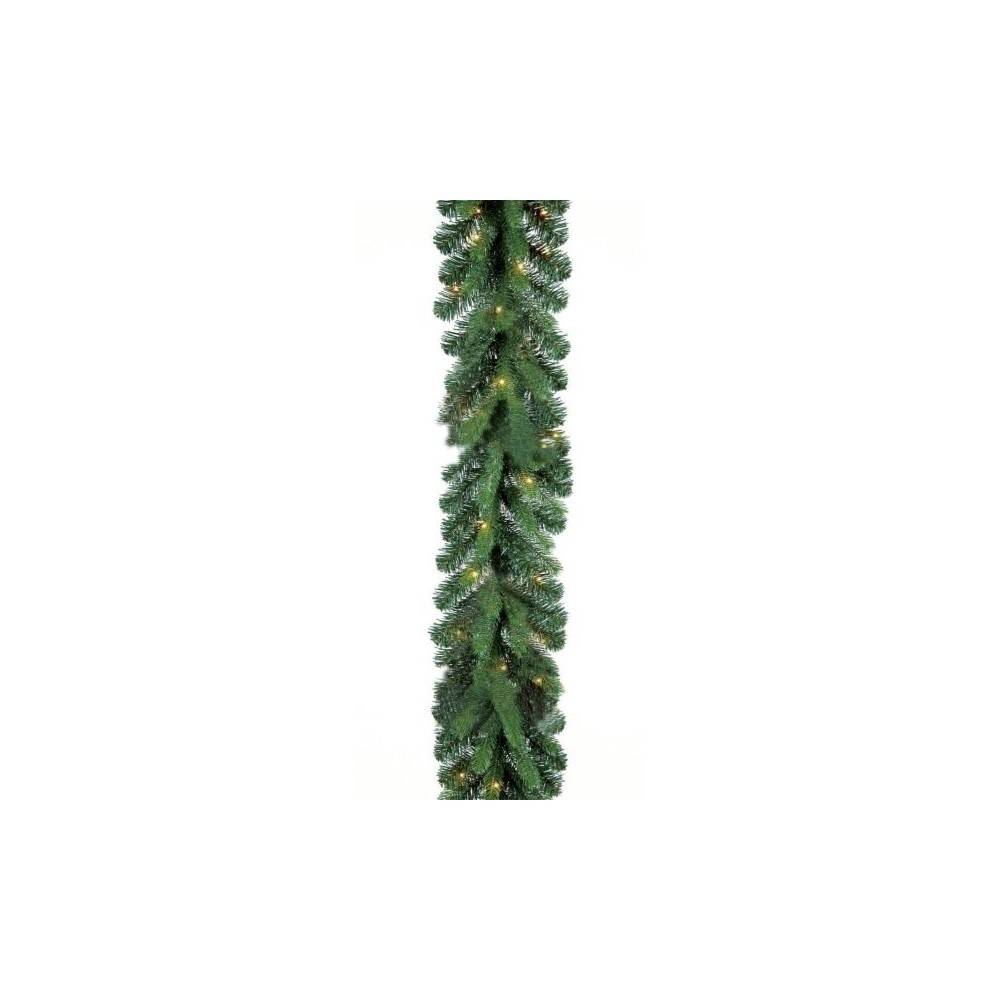 A lush green garland with twinkling lights, perfect for festive decorations.