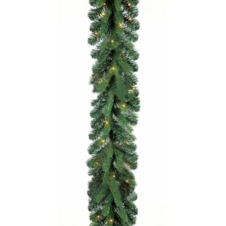 A lush green garland with twinkling lights, perfect for festive decorations.