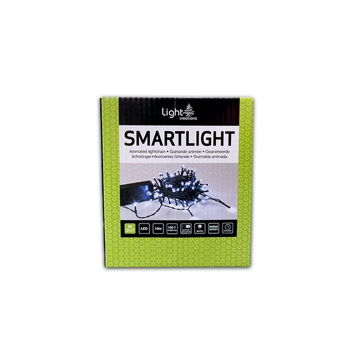 Verpakking van een lichtslinger met groene accenten en duidelijke tekst, geschikt voor binnen en ...