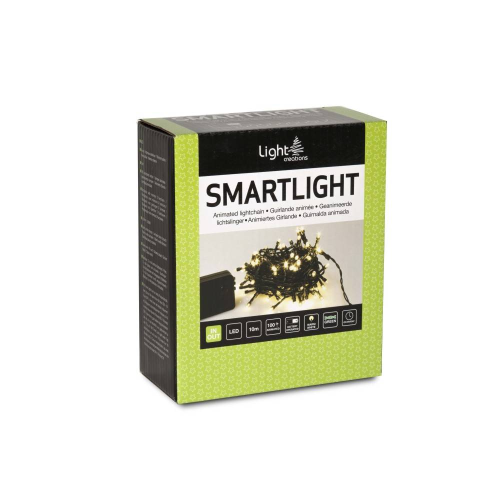 A green and black box containing smart LED string lights with a decorative design.