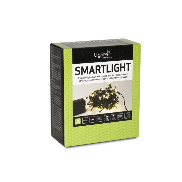 Een groene doos met een afbeelding van een lichtsnoer en de tekst "Smartlight".