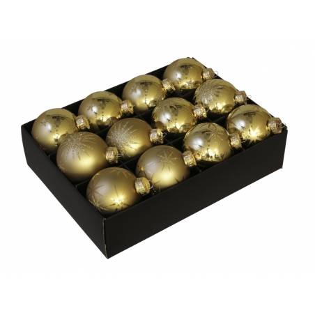 A box of twelve golden Christmas ornaments, each intricately designed with snowflake patterns.
