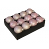 A box of twelve glossy pink and silver Christmas ornaments with textured stripes.