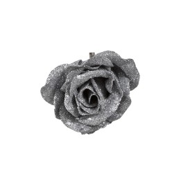 Glanzende zilveren roos van glitter, met delicate, golvende bloemblaadjes en een elegante uitstra...