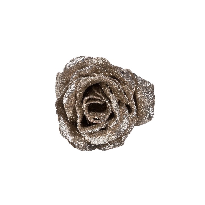 Gouden roos bedekt met glitters, elegant en schitterend tegen een witte achtergrond.