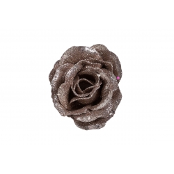 A shimmering brown rose adorned with glitter, petals elegantly layered.