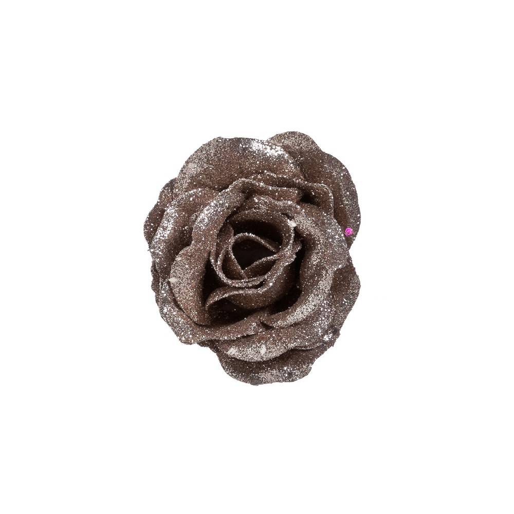A shimmering brown rose adorned with glitter, petals elegantly layered.