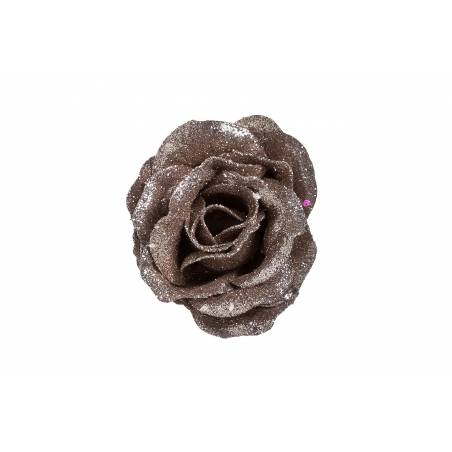 A shimmering brown rose adorned with glitter, petals elegantly layered.