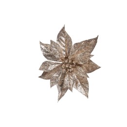 Gouden, glinsterende bloem met vele punten en een centrale knop, tegen een witte achtergrond.