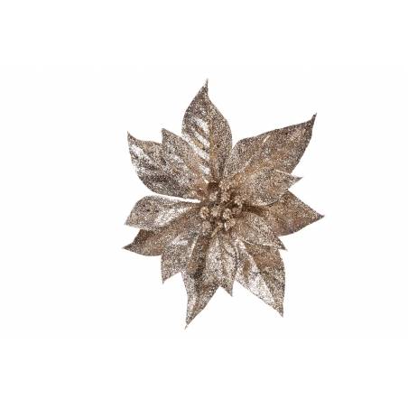 A shimmering gold poinsettia with textured leaves, radiating festive elegance.