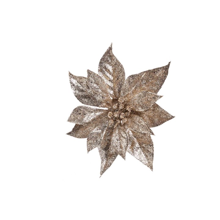Gouden, glinsterende bloem met vele punten en een centrale knop, tegen een witte achtergrond.