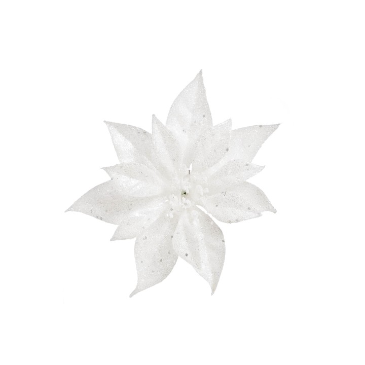 Witte bloem met glinsterende blaadjes, elegant en eenvoudig op een lichte achtergrond.