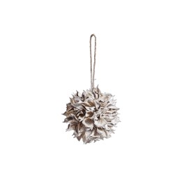 Een ronde decoratieve bal van natuurlijk materiaal met een ruwe, organische uitstraling.