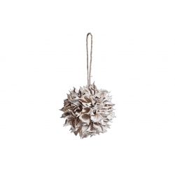A textured, spherical decoration with layered, natural elements and a rustic twine hanger.