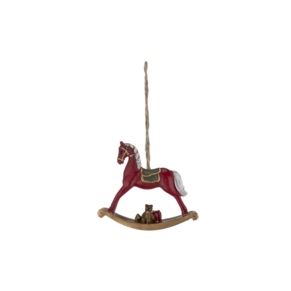 A vintage-style red rocking horse with a detailed mane and saddle, suspended by a rope.
