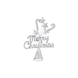 Glanzende, zilveren kerstversiering met sterren en een tekst in speelse letters.