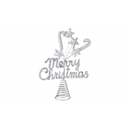 A sparkling silver Christmas tree topper with stars and candy canes.