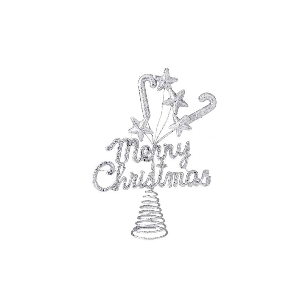 Glanzende, zilveren kerstversiering met sterren en een tekst in speelse letters.