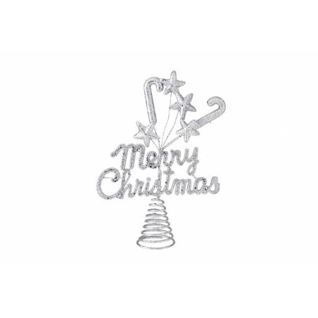 A sparkling silver Christmas tree topper with stars and candy canes.