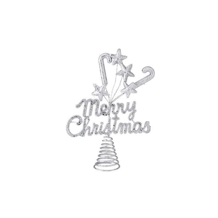 Glanzende, zilveren kerstversiering met sterren en een tekst in speelse letters.