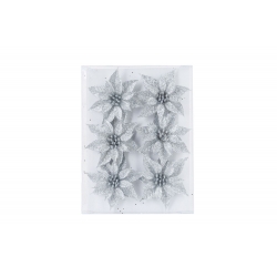 Six shimmering silver poinsettias on a clear background, adorned with sparkling accents.