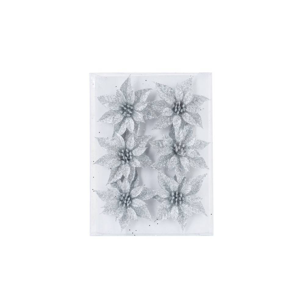 Six shimmering silver poinsettias on a clear background, adorned with sparkling accents.