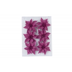 Six vibrant, glittery pink flowers arranged on a clear background.