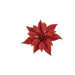 Glanzende, rode poinsettia met scherpe bladeren en een sprankelende afwerking.