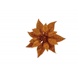 A shimmering, orange glitter flower with pointed petals against a white background.