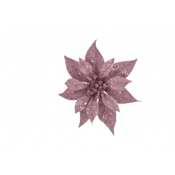 A shimmering, pink poinsettia with glittery leaves, set against a white background.
