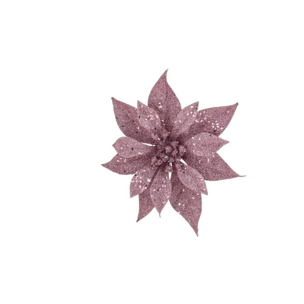 A shimmering, pink poinsettia with glittery leaves, set against a white background.