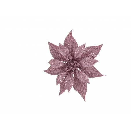 A shimmering, pink poinsettia with glittery leaves, set against a white background.